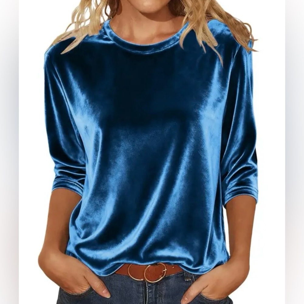 Astrid Royal Blue Velvet Long Sleeve Blouse Large New